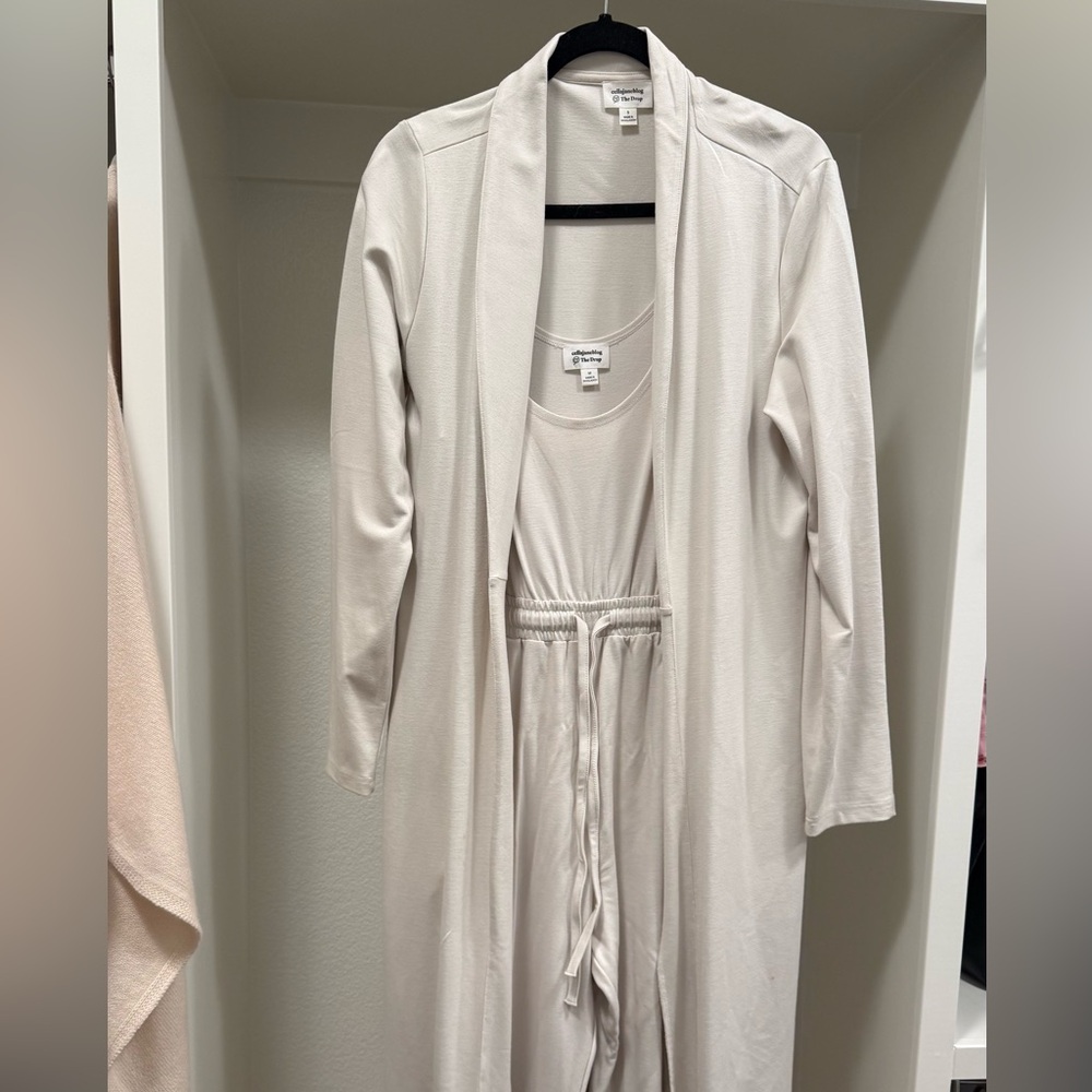 "CellaJane" The Drop- Light Cream Long Cardigan & Jumpsuit Set